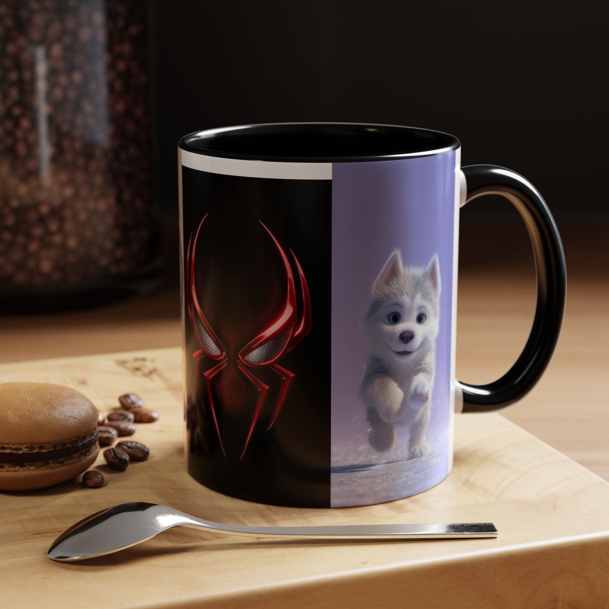 Cute Puppy & Red Spider Emblem Accent Coffee Mug (11/15oz)